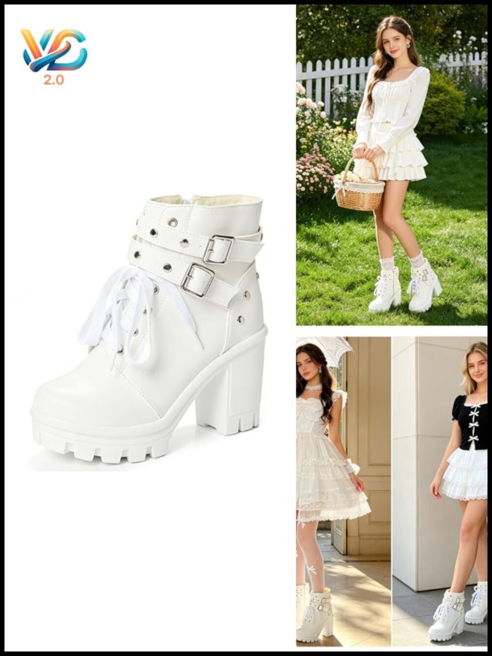Chunky Heel Ankle Combat Booties with Platform, Buckle Rivets Punk Gothic Boots